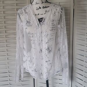 Sundace white lace long sleeve semisheer open cardigan size L